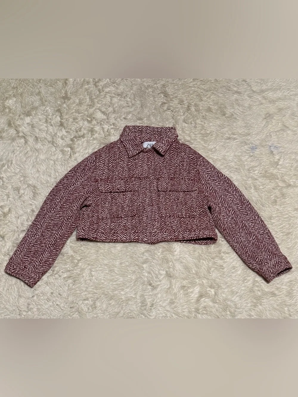 Zara Kids Burgundy Herringbone Cropped Overshirt Jacket - Size 13/14